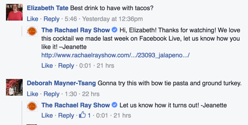 rachel ray show facebook kommentar svarer eksempel