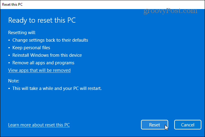 klar til å tilbakestille Windows 11 PC