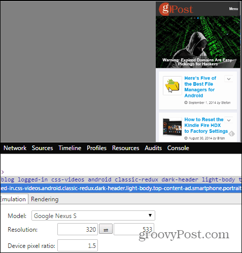 Chrome utviklerverktøy emulasjonssensorer enhetens Nexus s