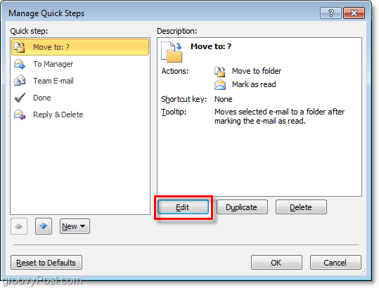 rediger raske trinn i Outlook 2010