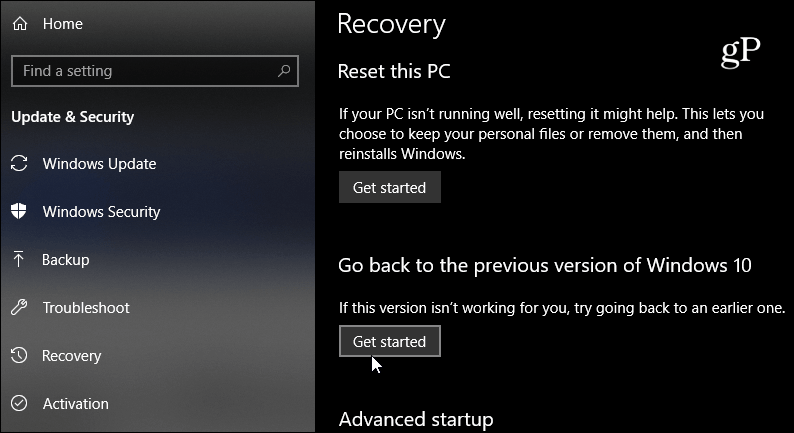 gå tilbake til forrige versjon av Windows 10
