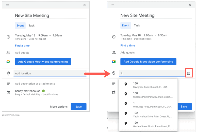 Ikon for forhåndsvisning av plasseringskart i Google Kalender