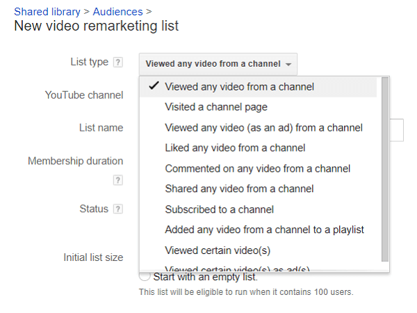 Du kan dele opp lister over YouTube-seere for remarketing.