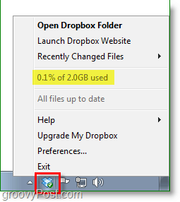 Dropbox-skjermbilde - ikonet for dropbox-systemstatusfeltet vises