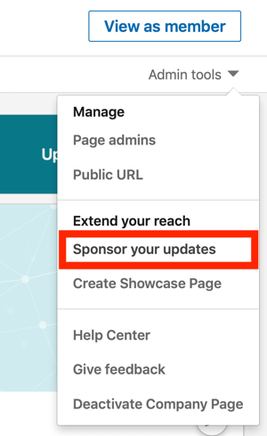 Hvordan lage LinkedIn-tekstannonse, trinn 1, sponser oppdateringene dine under administratorverktøy