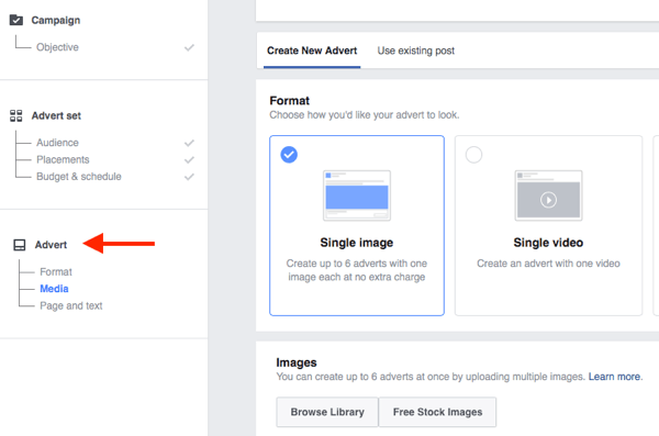 Det nederste nivået i Facebook-kampanjestrukturen er der du velger annonseannonse.