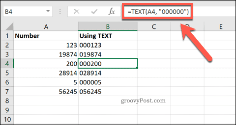 Bruke TEKST i Excel for å legge til ledende nuller