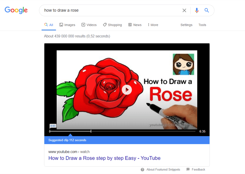 eksempel på topp youtube-video i google-søkeresultater for 'hvordan å tegne en rose'