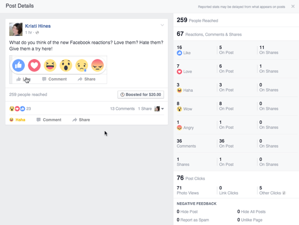 facebook reaksjoner engasjement fra innlegg