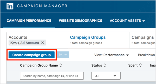 I kategorien Kampanjegrupper i LinkedIn Campaign Manager klikker du på Opprett kampanjegruppe-knappen.