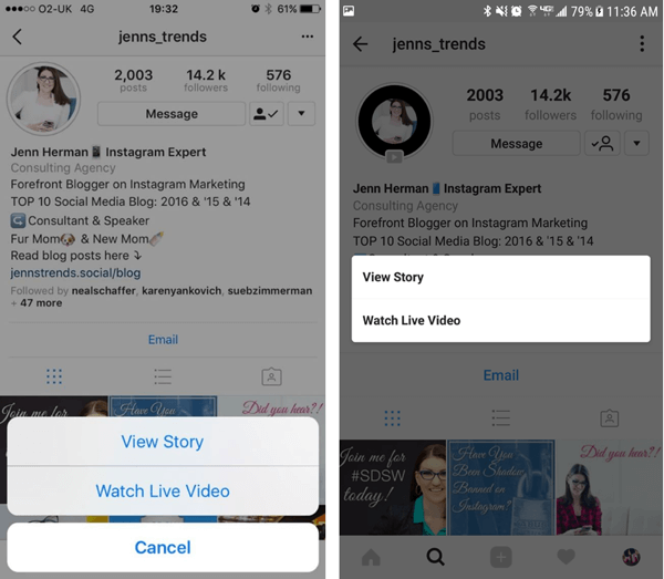 Instagram-profilbesøkende kan velge hvilket alternativ du vil se i historiene dine hvis du har både en reprise-video og historieinnlegg.