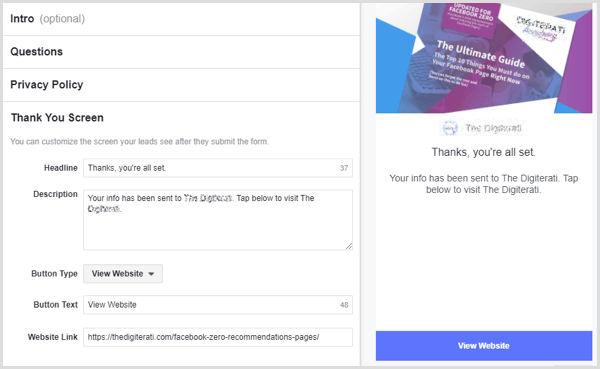 Facebook lead annonse takk skjerm