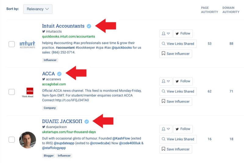 Sosiale medier markedsføringsstrategi; Skjermbilde av søkeresultater fra BuzzSumos verktøy for influenceridentifikasjon etter å ha tastet inn søkeordet "regnskap."