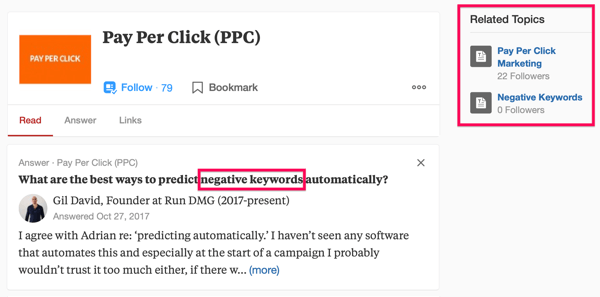 Eksempel på Quora søkeresultat inkludert søkeordet 'PPC' og uttrykket 'negative søkeord'.