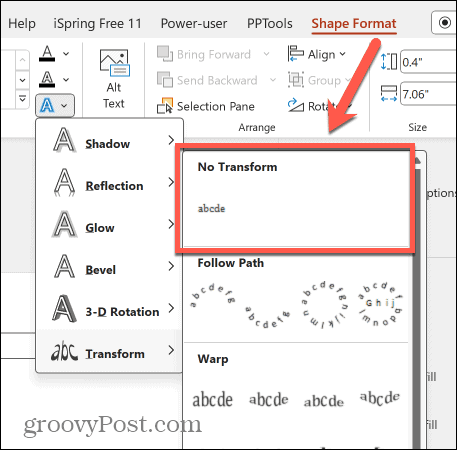 powerpoint ingen transformasjon