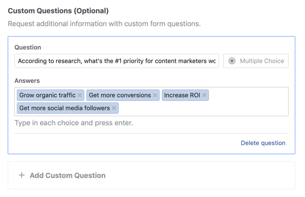 Eksempel på spørsmål og svaralternativer for et spørsmål for en Facebook-annonsekampanje.
