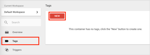 Hvis du vil opprette en ny tag i Google Tags Manager, klikker du på Tagger-alternativet i venstre sidefelt og deretter på Ny-knappen.