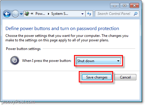 juster hva Windows 7-avstengningsknappen vil gjøre, klikk på lagre endringer for å fullføre