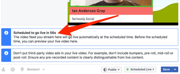 Facebook viser en nedtellingsklokke før direktesendingen din begynner.