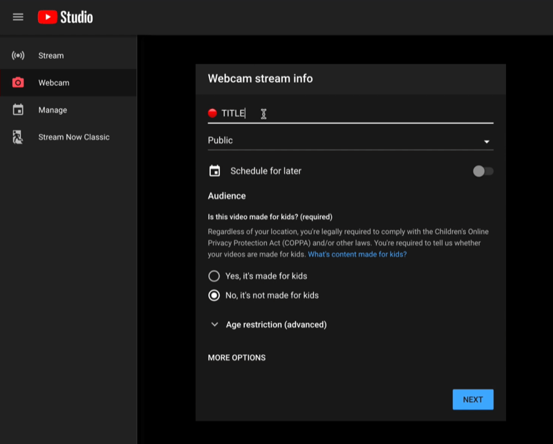 youtube studio gå live meny live-streaming dashbord med informasjon om informasjon om webkameraet klar til å bli satt