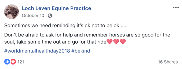 Eksempel på Facebook-innlegg med emoji fra Lock Leven Equine Practice.
