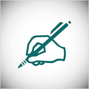 Dette er en blågrønn linjeillustrasjon av en hånd som skriver med blyant. Seth Godin praktiserer daglig skriving på bloggen sin.