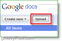 Skjermbilde for Google Dokumenter - last opp knappen