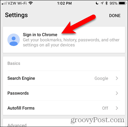 Trykk på Logg på Chrome på iOS