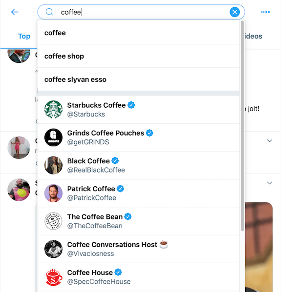 utvalg av søkeresultater fra å søke kaffe i Twitter-søkeboksen