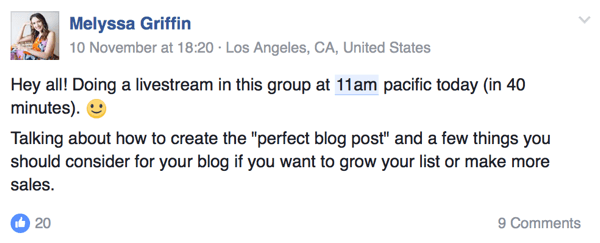Gründer Melyssa Griffin forteller publikum når hun blir live på Facebook.
