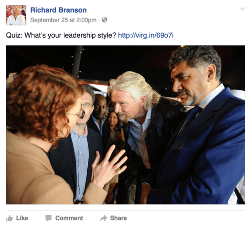 Richard Branson Facebook-innlegg med quiz