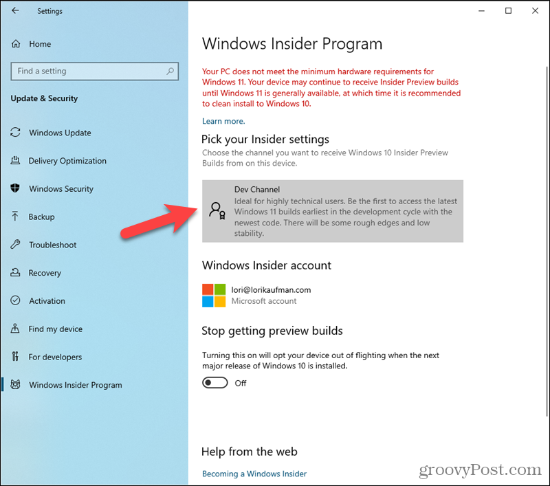 Utviklerkanal satt i Windows Insider-programinnstillingene