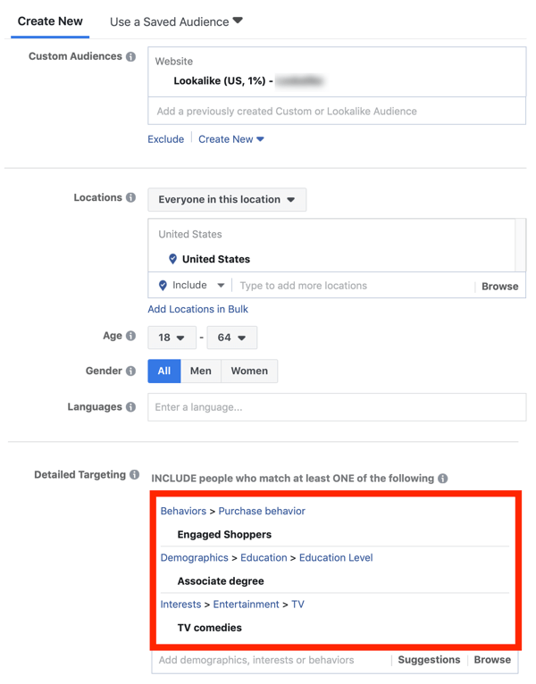 Tips for å senke Facebook-annonsekostnadene, alternativet for å begrense publikummet ditt ved å legge til detaljerte målrettingskriterier 