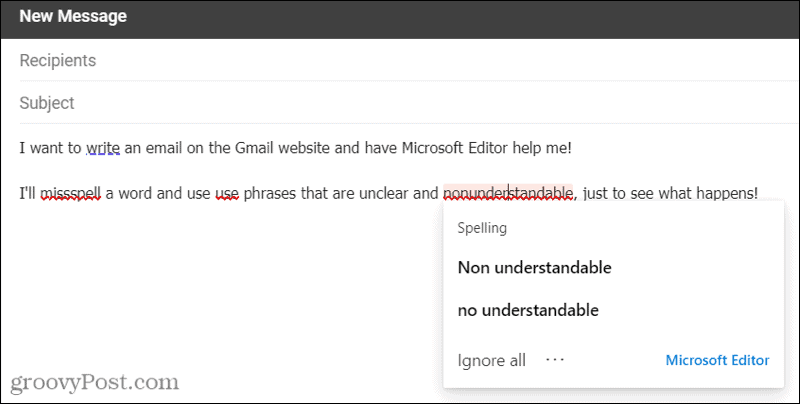 Microsoft Editor i Gmail ved hjelp av Edge-utvidelsen