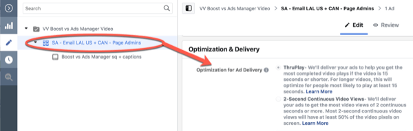 Facebook ThruPlay Optimization for redigering av kampanjer i ti sekunder, trinn 3.