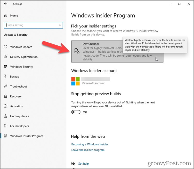 Klikk på Dev Channel under Velg dine Insider -innstillinger i Windows 10