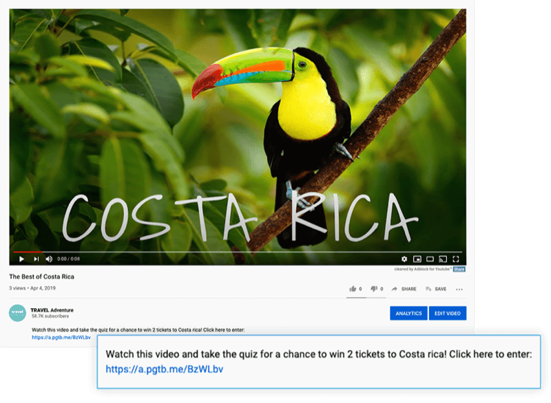 fremhevet youtube videobeskrivelse med et tilbud om å se videoen og ta quizen for å få sjansen til å vinne 2 billett til Costa Rica