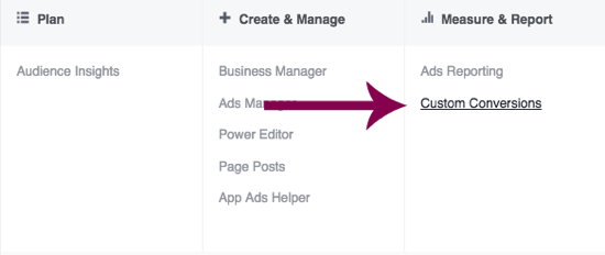 Naviger til egendefinerte konverteringer i Facebook Ads Manager.