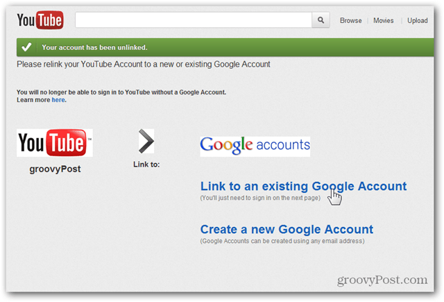 Koble en YouTube-konto til en ny Google-konto - Klikk på Kobling til eksisterende konto