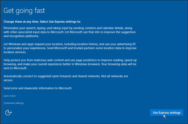 Express-innstillinger Windows 10