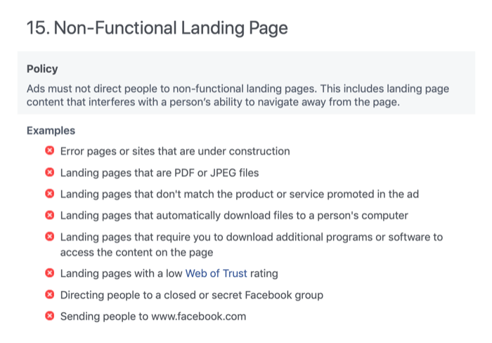 Ikke-funksjonell destinasjonsside i Facebook-annonseringsregler