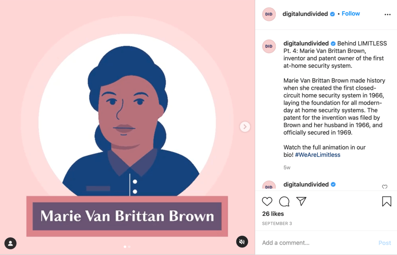 eksempel på et mp4-innlegg som er delt på instagram og fremhever marie van brittan brown som pt. 4 i serien #wearelimitless