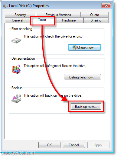 Windows 7 Backup - Verktøy-fanen for egenskaper og knappen Sikkerhetskopier nå