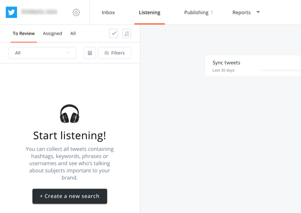Hvordan bruke Agorapulse til å lytte til sosiale medier, trinn 2 opprett nytt søk i lyttefanen.