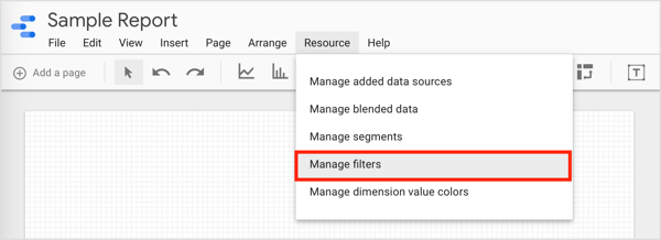 For å filtrere data og opprette grupper du kan bruke, klikker du Ressurs på menylinjen og velger Administrer filtre fra rullegardinmenyen.