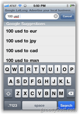 Google.com valutakalkulator på iPhone Mobile