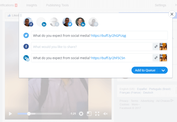 Verktøy som Buffer kan hjelpe deg med å dele Facebook Live-video på flere sosiale medieplattformer.
