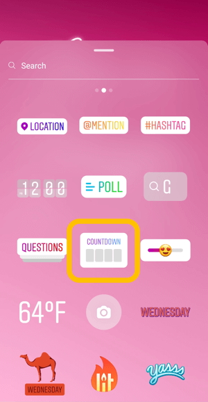 Hvordan bruke Instagram Countdown-klistremerke for virksomhet, trinn 1 nedtellingsklistremerkeikon.