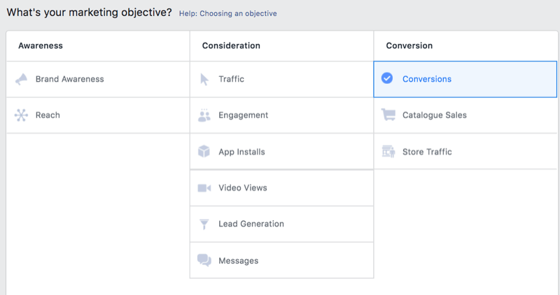 alternativ i facebook ads manager for å velge konverteringer som et markedsføringsmål
