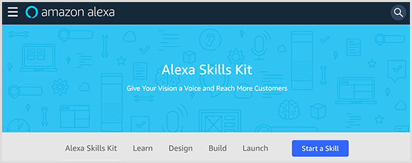 Nettstedet Amazon Alexa Skills Kit introduserer verktøyet og inneholder faner der du kan lære, designe, bygge og starte en ferdighet for Alexa. 
